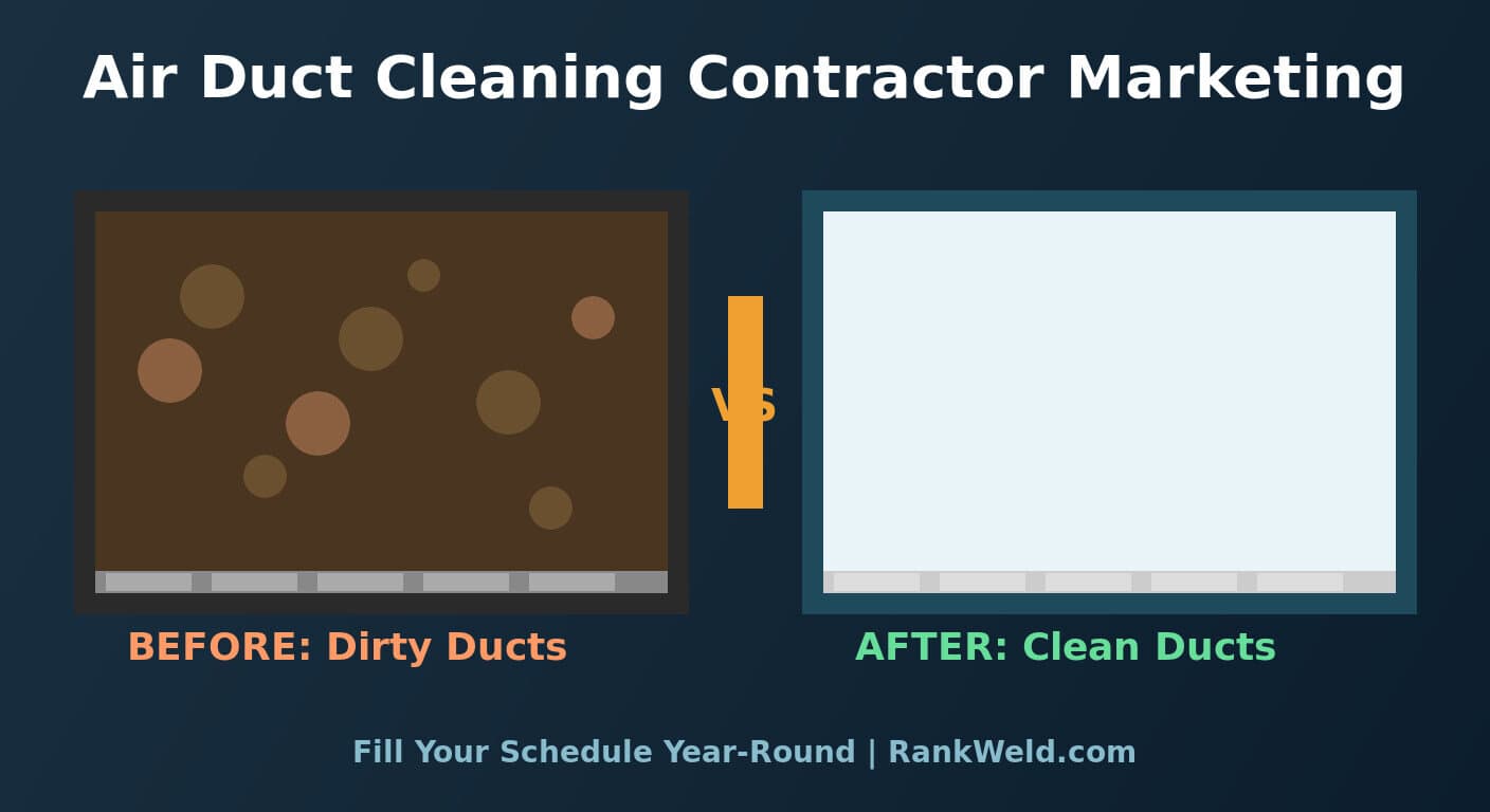 Air duct cleaning technician showing clean and dirty duct comparison to homeowner in a modern living room
