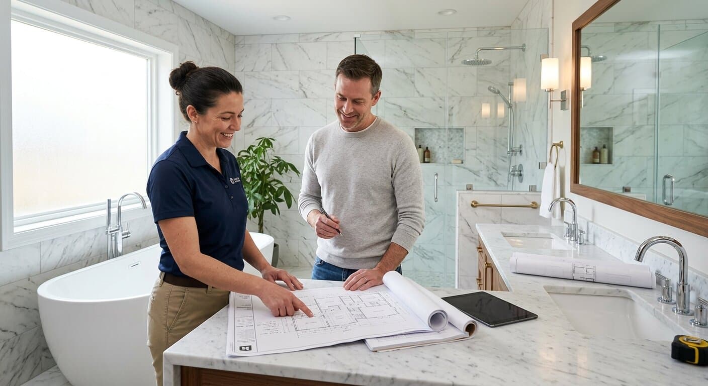 Bathroom remodeling contractor reviewing renovation design plans with homeowner in a newly finished luxury bathroom
