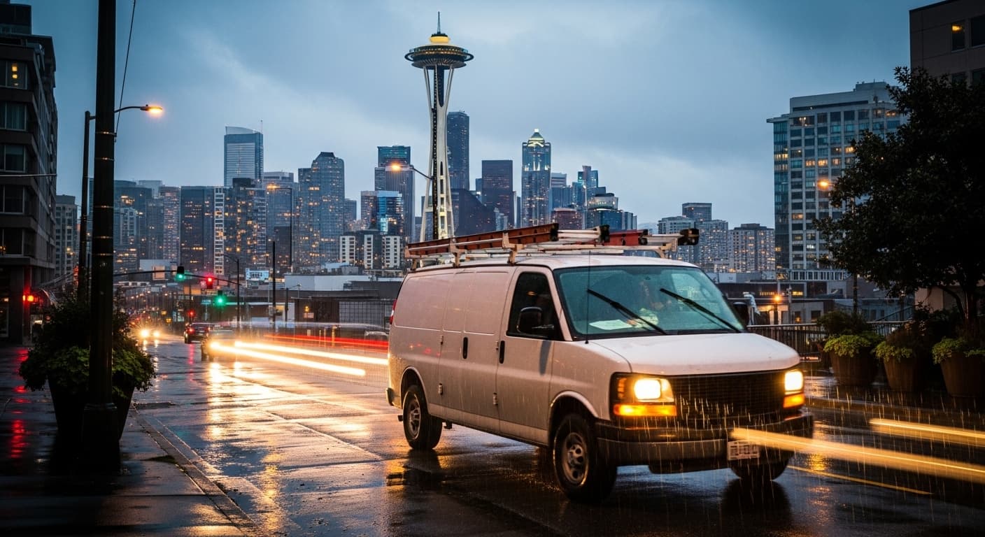 Seattle skyline with contractor marketing strategy overlay