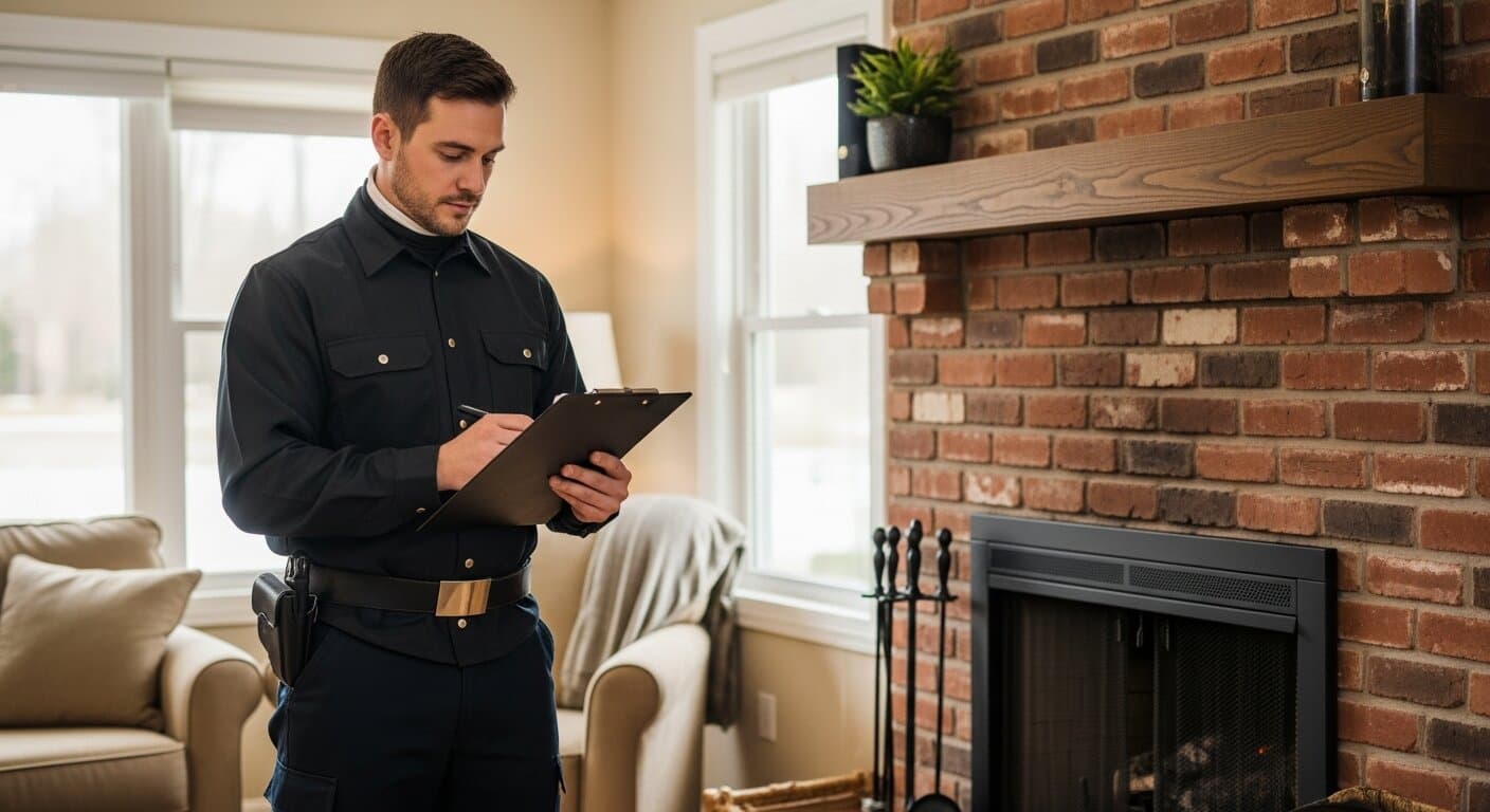 Professional chimney sweep contractor reviewing marketing analytics on a laptop next to a brick fireplace in a client's home