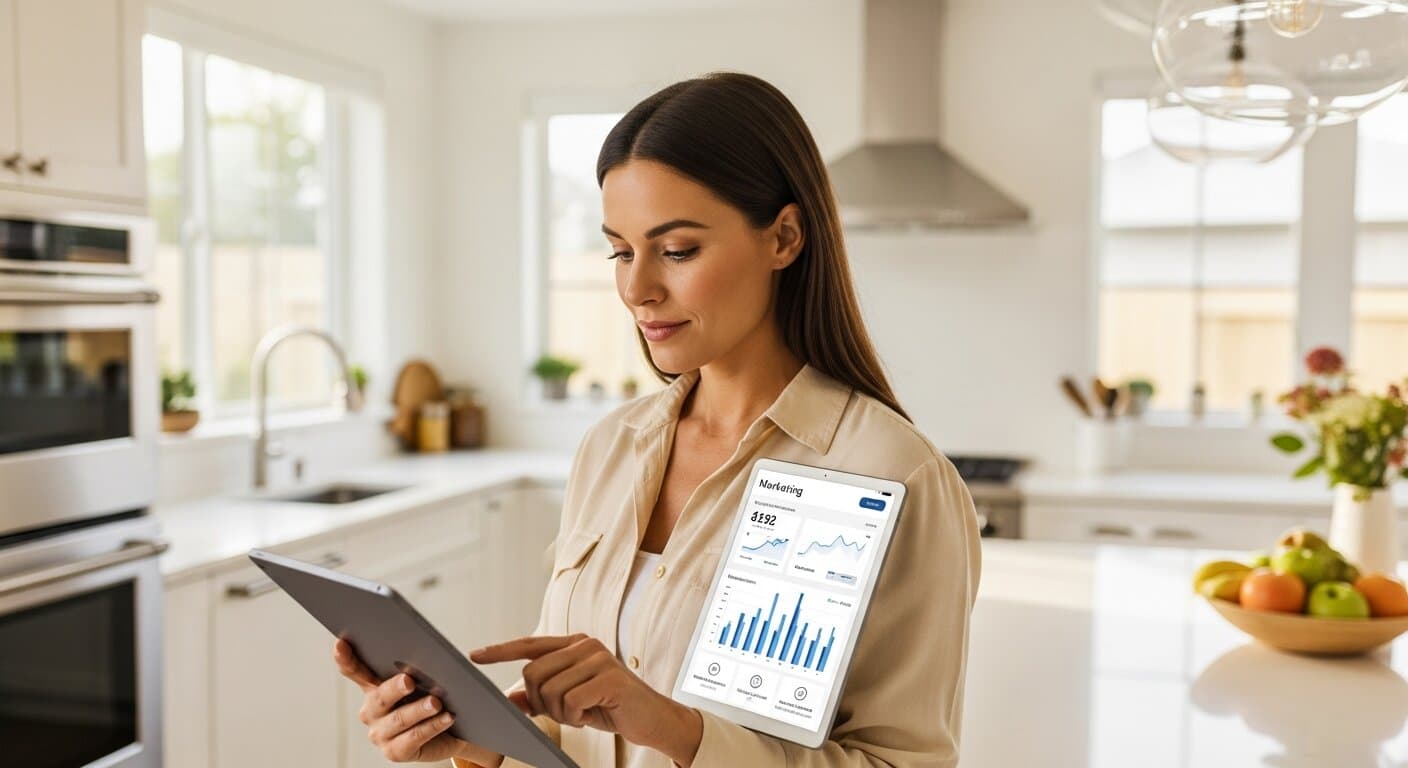 Professional cleaning contractor reviewing marketing dashboard on tablet in a spotless modern home
