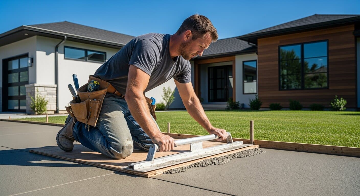 Concrete contractor finishing a freshly poured driveway in front of a modern home