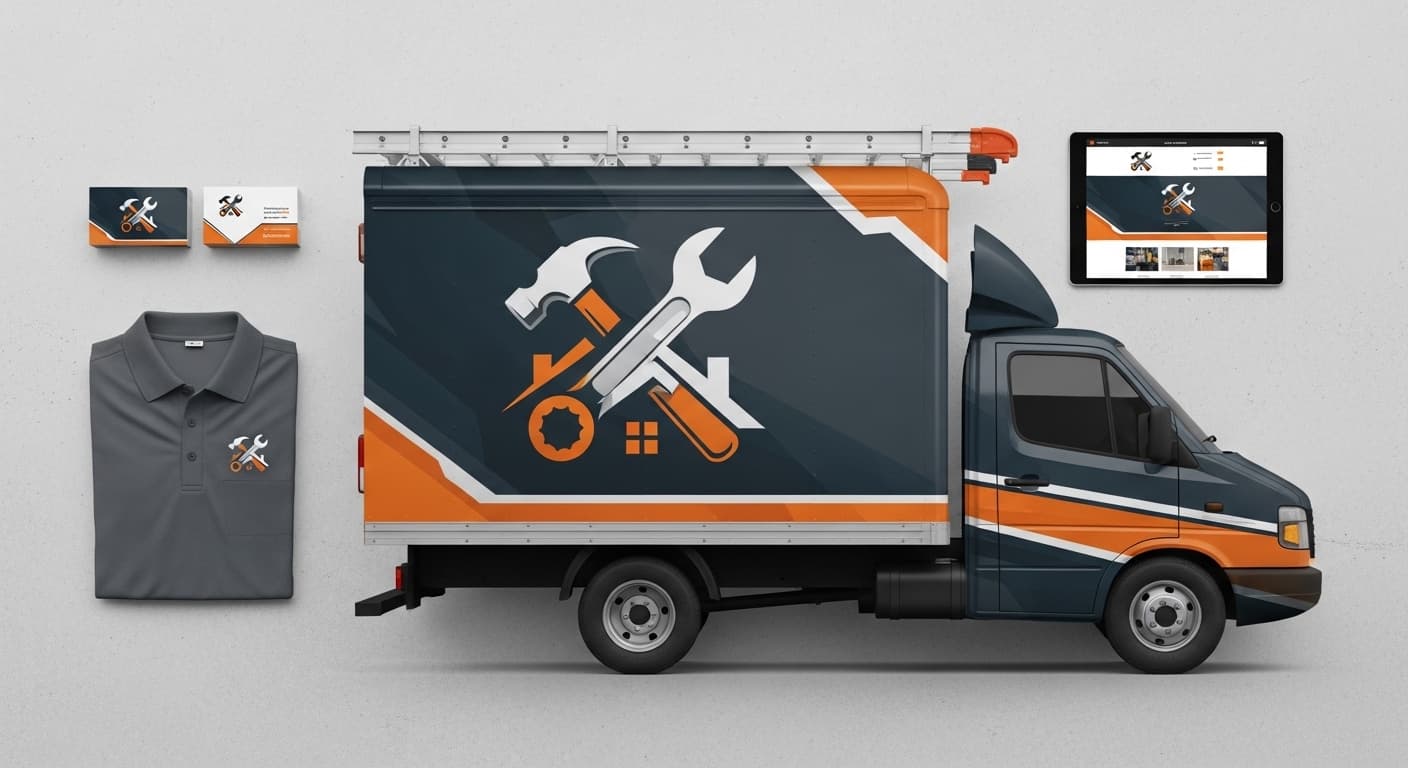 Professional contractor brand elements including logo, truck wrap, and uniform