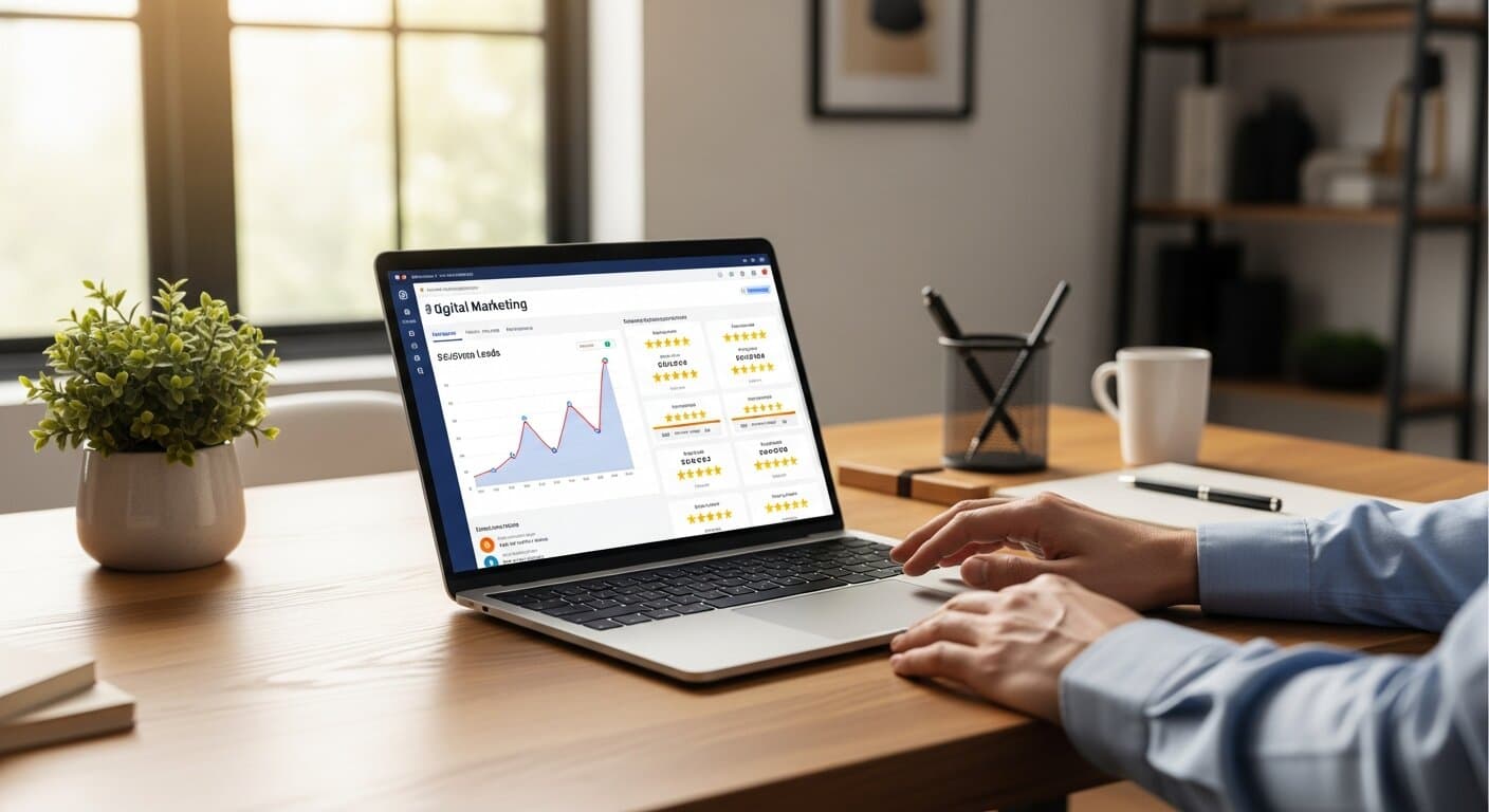 Contractor business owner reviewing Google Local Services Ads dashboard on laptop showing verified leads and five-star ratings in a bright home office