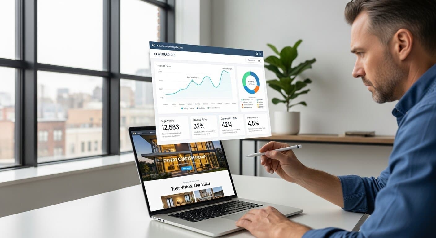 Contractor reviewing a website landing page on a laptop in a bright modern office with marketing analytics dashboard visible