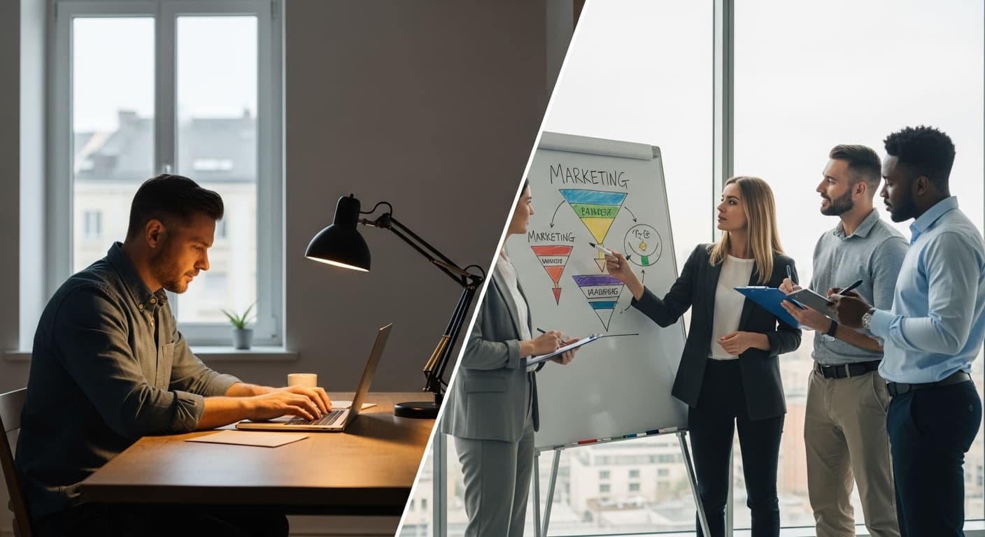 Contractor choosing between DIY marketing tools and an agency partnership