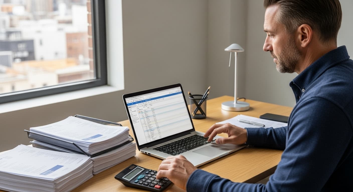 Contractor reviewing marketing budget on spreadsheet