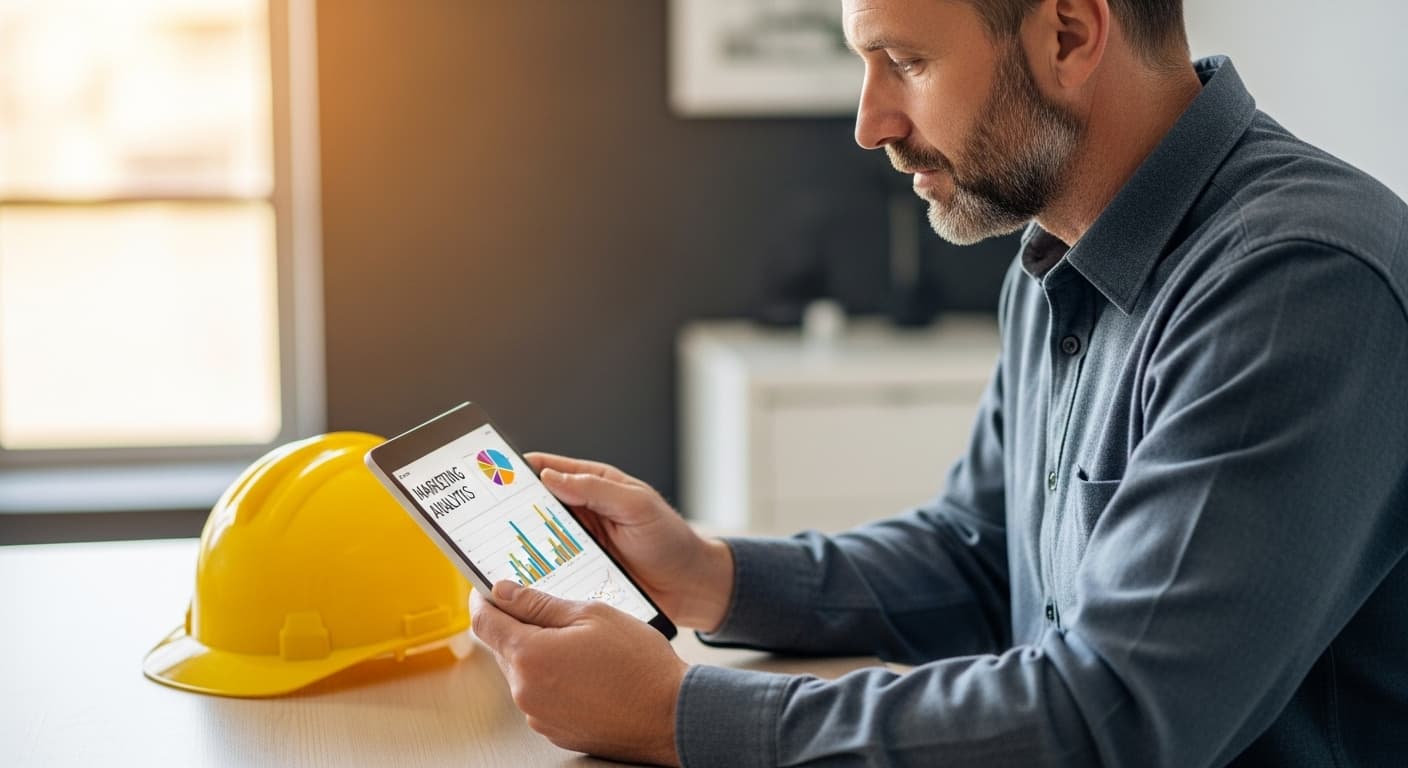 Contractor reviewing marketing strategy on laptop