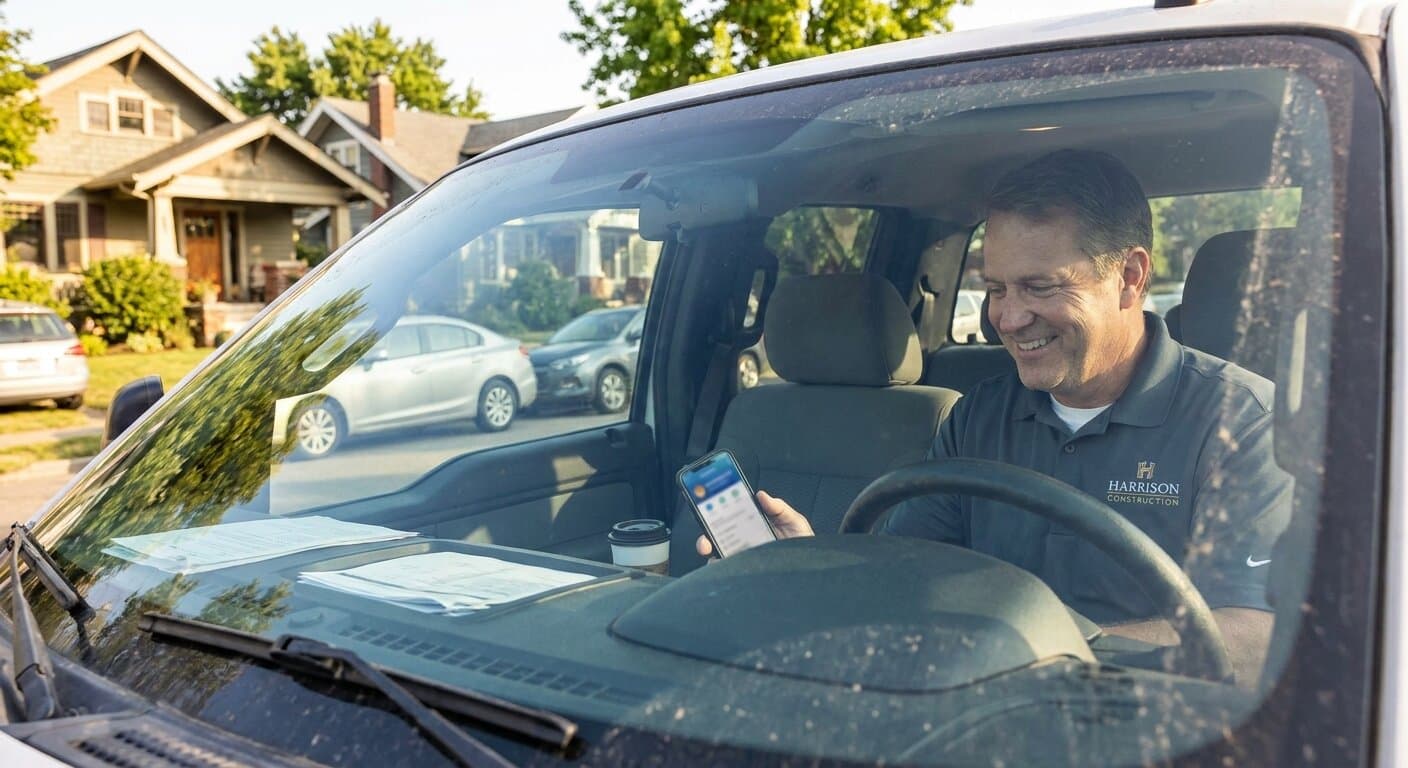 Contractor reviewing Nextdoor neighborhood recommendations on a smartphone while sitting in a work truck outside a residential home