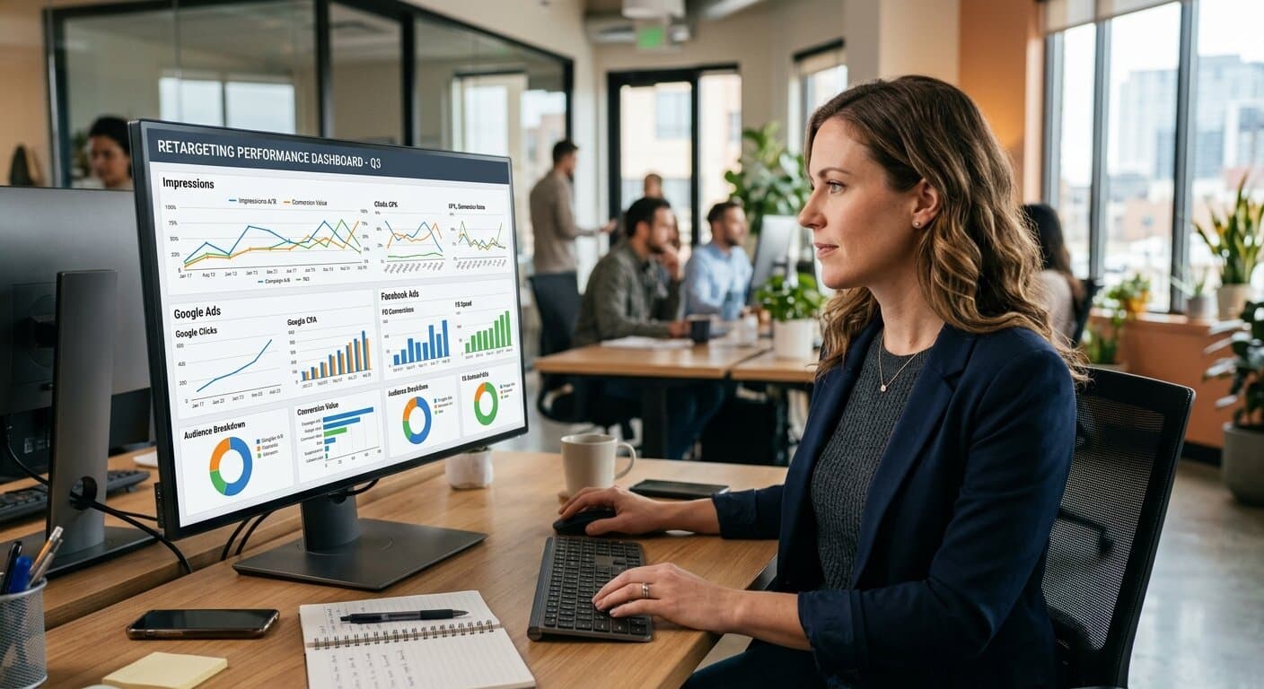 Contractor marketing dashboard showing retargeting ad campaigns on Google and Facebook with website visitor tracking analytics