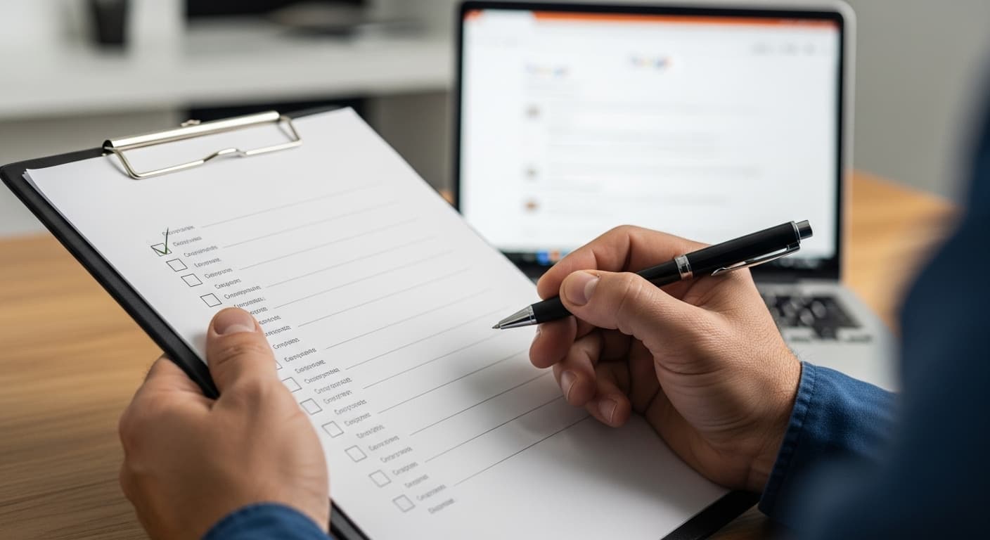Contractor reviewing an SEO checklist on a laptop at a job site