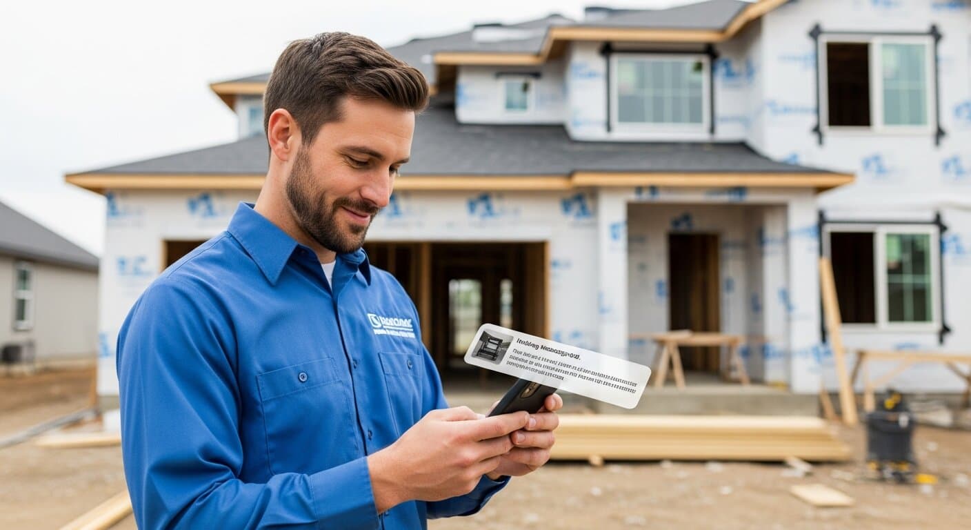 Contractor reading a text message lead notification on smartphone at a job site