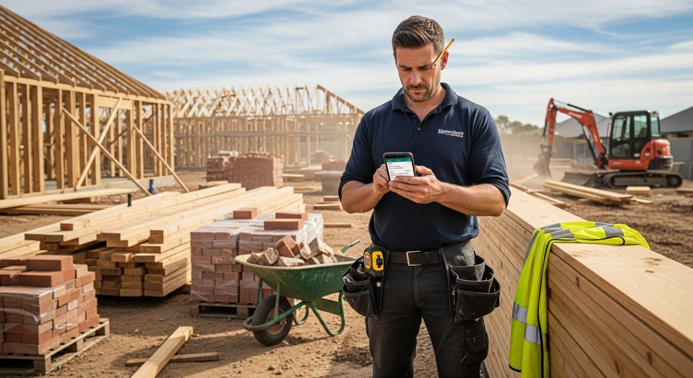 Contractor on a job site checking his smartphone for a new lead notification with a construction backdrop