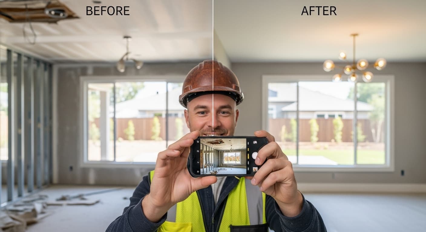 Contractor filming a before and after project video on a smartphone for TikTok marketing