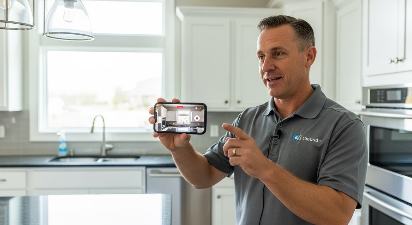 Contractor filming a project walkthrough video on a smartphone for YouTube and social media marketing