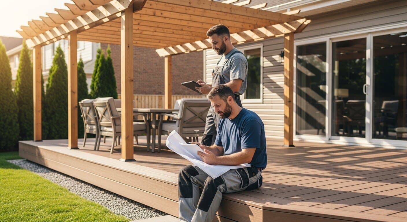 Professional deck contractor reviewing plans on a tablet beside a completed composite deck with pergola and outdoor seating