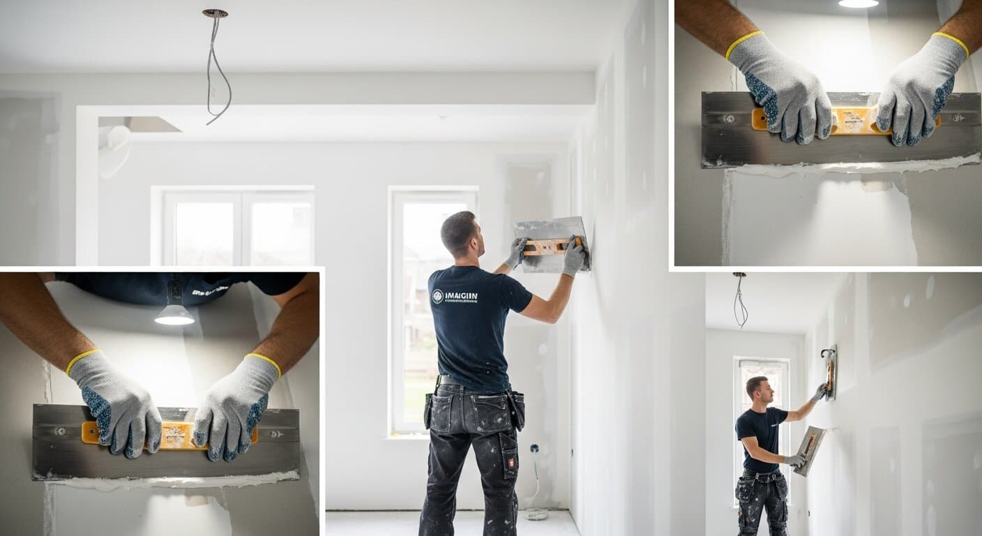 Drywall contractor smoothing a wall with a wide taping knife in a modern residential renovation with bright interior lighting