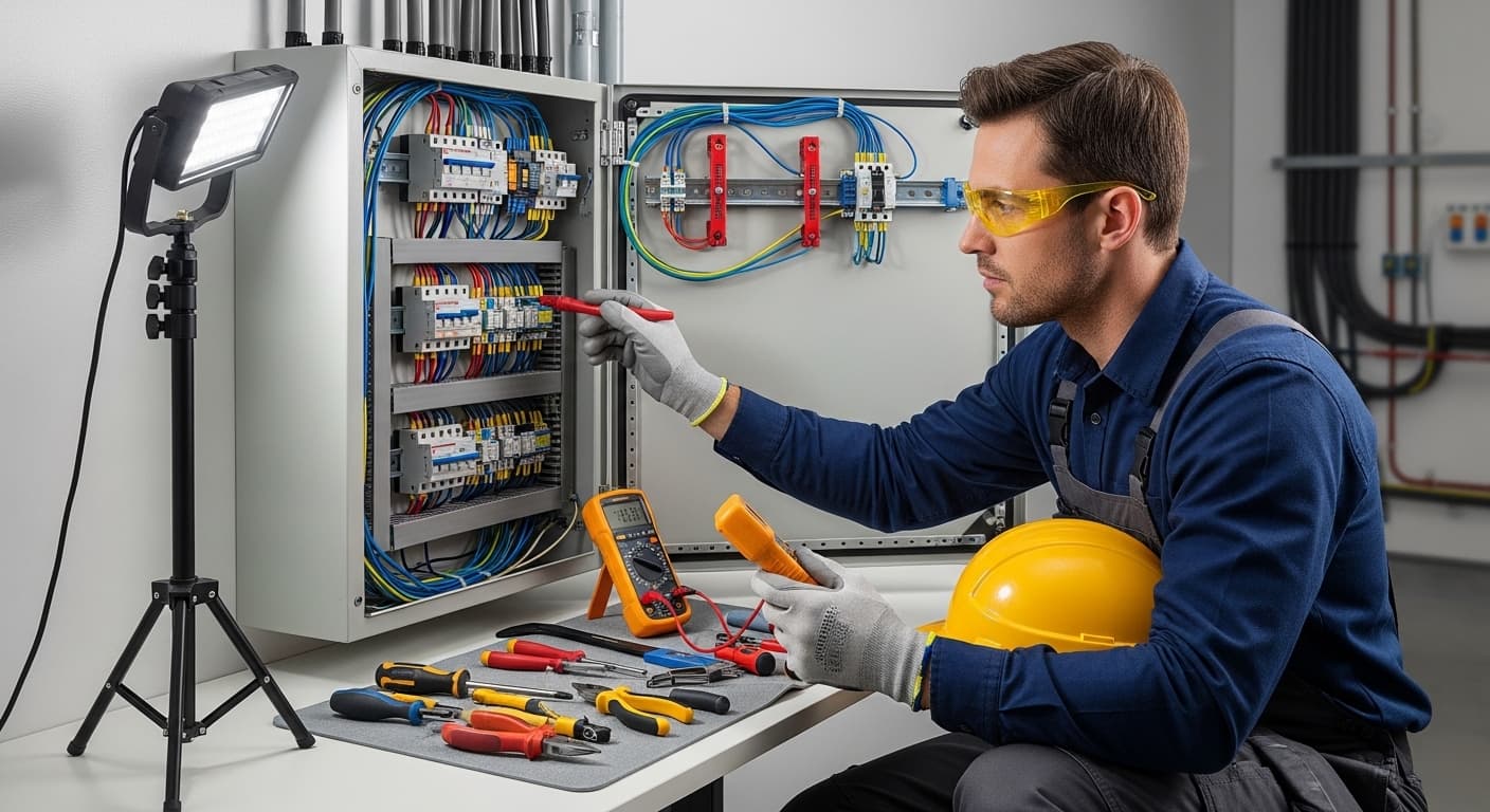 Electrician reviewing digital marketing results on a tablet