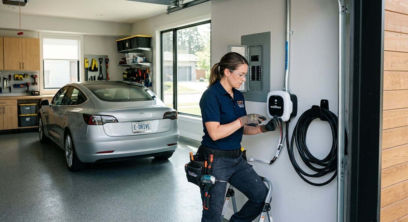 Electrician installing a Level 2 EV charger on a garage wall with a modern electric vehicle parked nearby