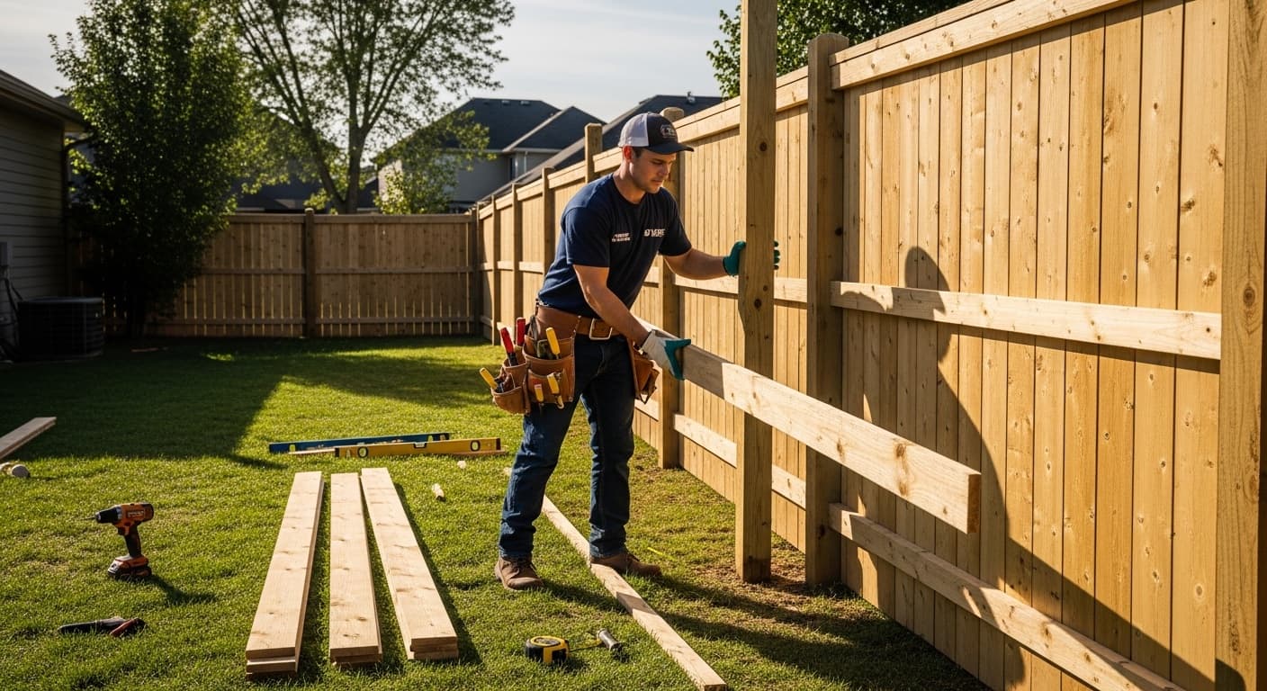Fence contractor installing a wooden privacy fence for a residential property
