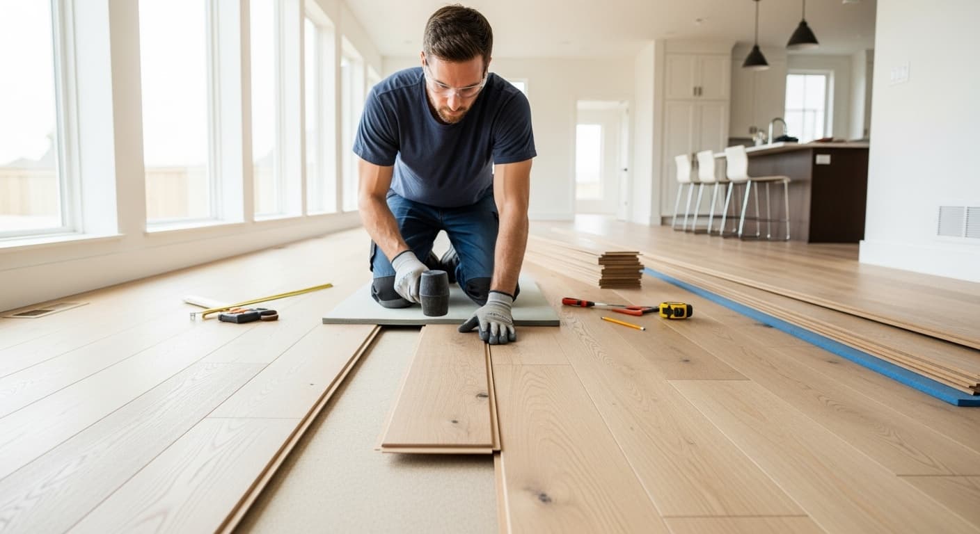 Flooring contractor installing hardwood planks in a bright modern home, showing professional craftsmanship