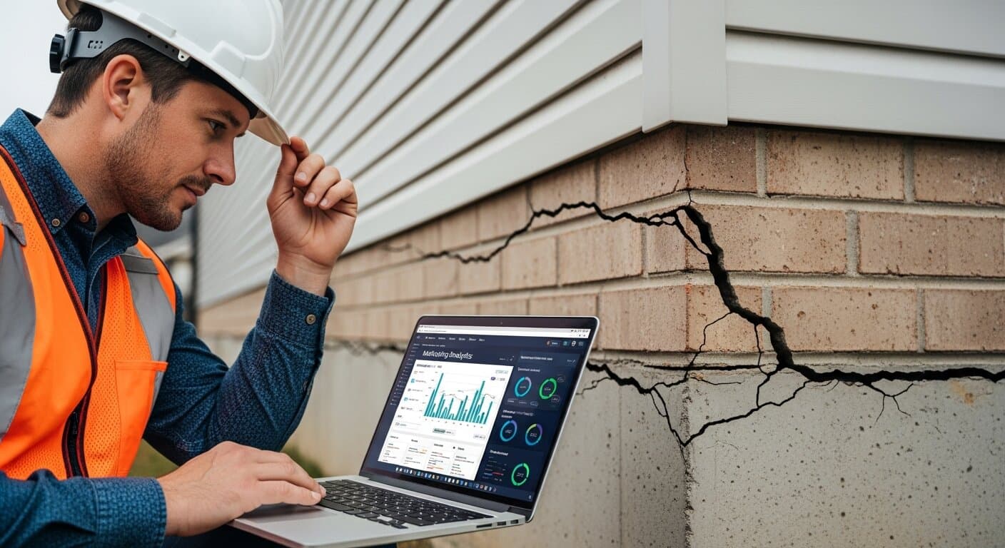 Foundation repair contractor reviewing marketing analytics on a laptop beside a home with visible foundation cracks
