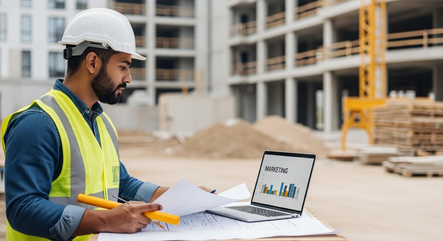General contractor reviewing construction project plans alongside marketing strategy on a tablet at a job site