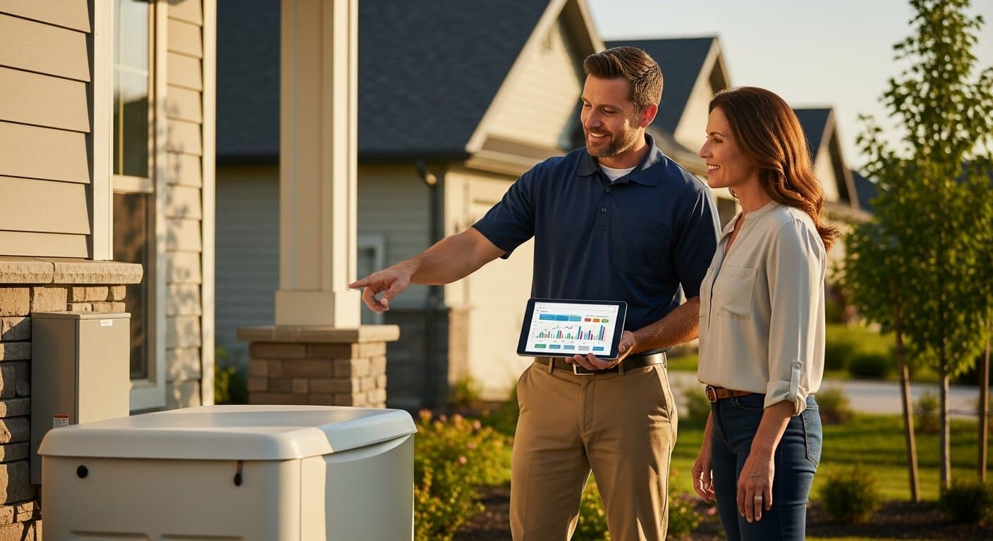 Generator contractor reviewing a standby generator installation with a homeowner while checking marketing metrics on a tablet