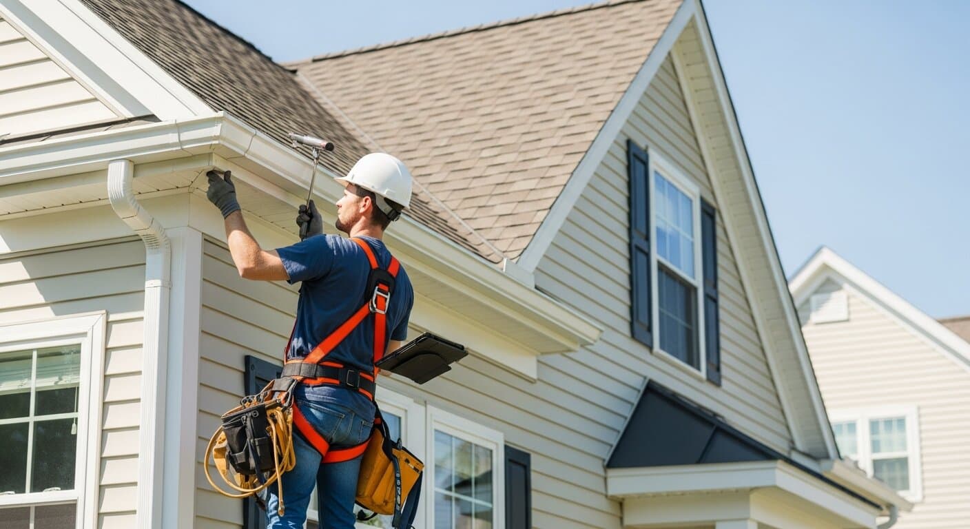 Gutter contractor installing seamless aluminum gutters on a residential home while reviewing a digital job estimate on tablet