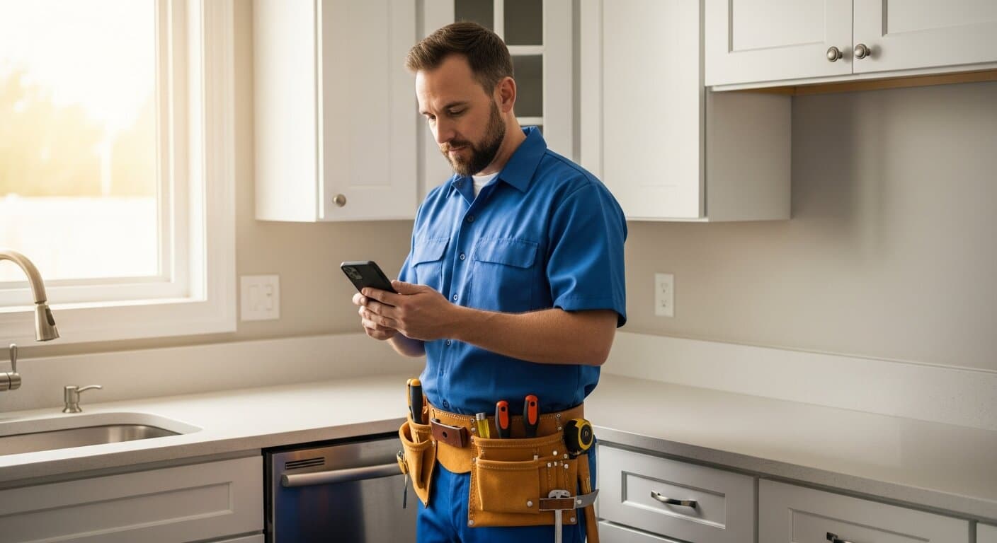 Handyman professional in work uniform checking job requests on smartphone with tool belt visible