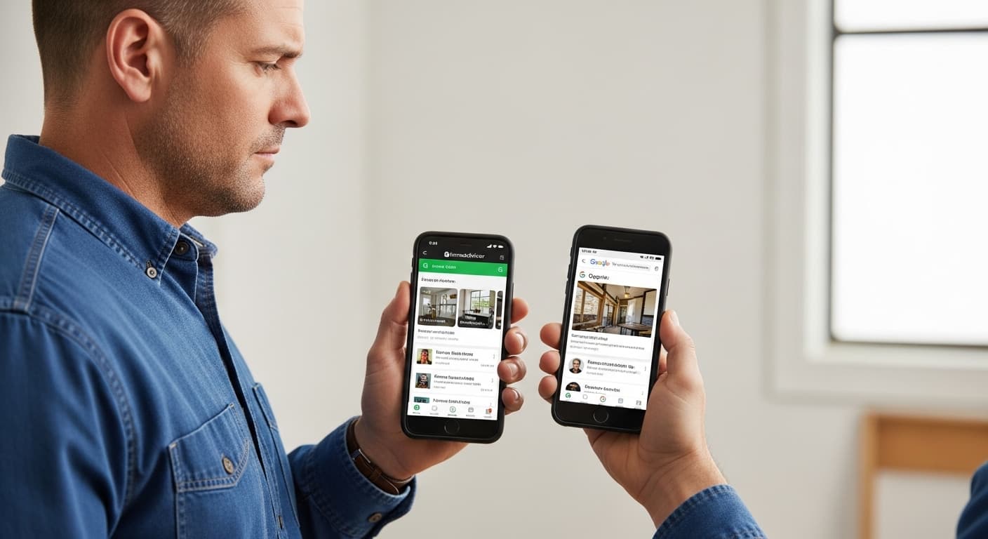 Contractor comparing HomeAdvisor leads versus organic SEO leads on a phone