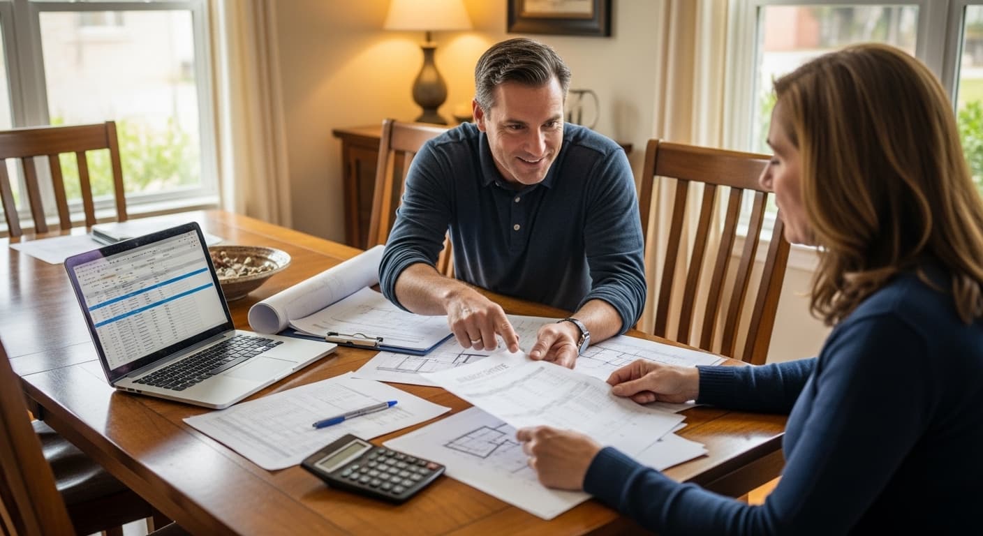 Contractor calculating service pricing on laptop with invoices