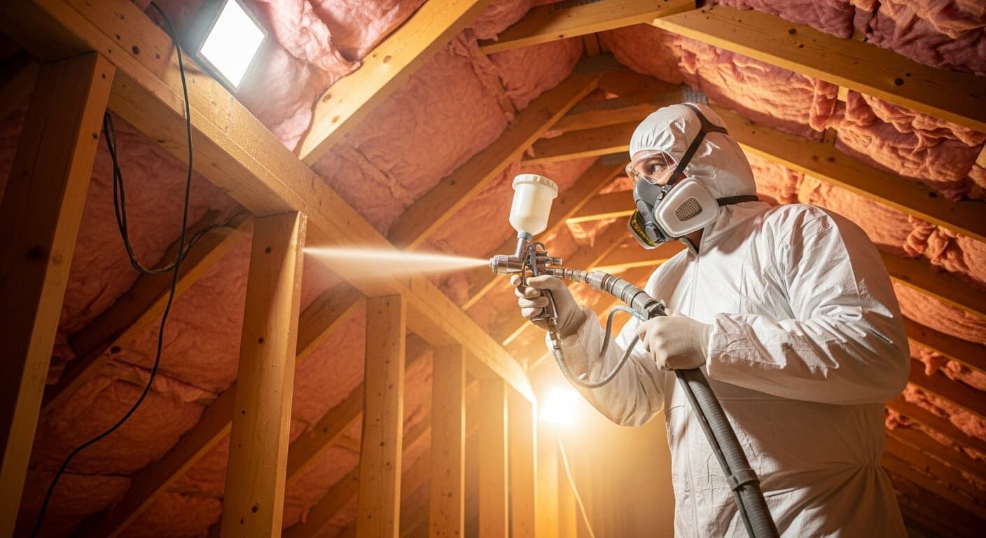 Insulation contractor spraying foam insulation in an attic while reviewing job details on a tablet
