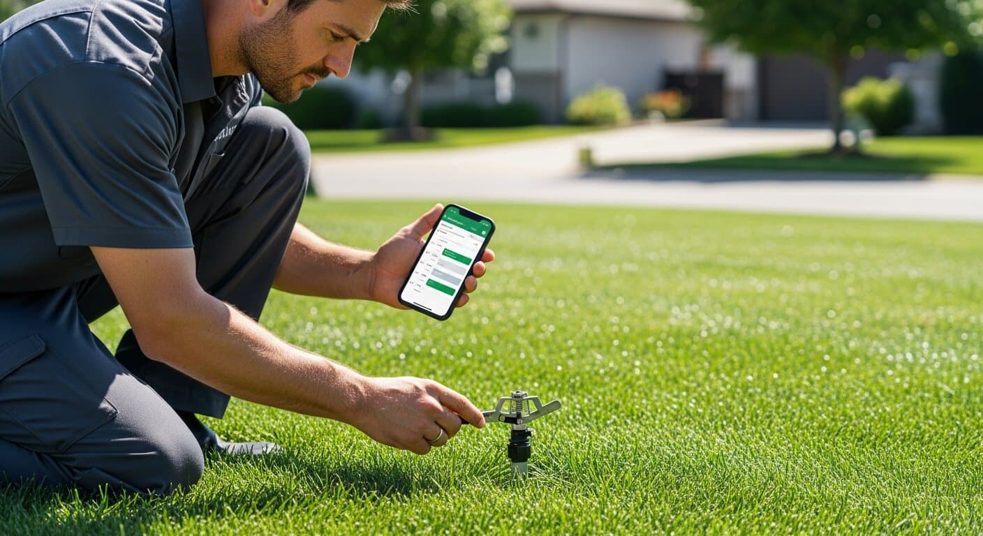 Irrigation contractor adjusting a sprinkler head in a lush green lawn while reviewing scheduling on a smartphone