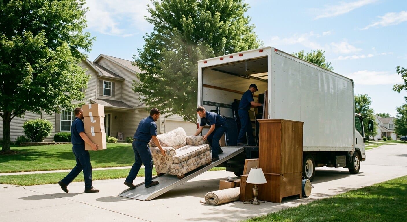Junk removal crew loading furniture and debris into a branded truck in a residential driveway on a sunny summer day