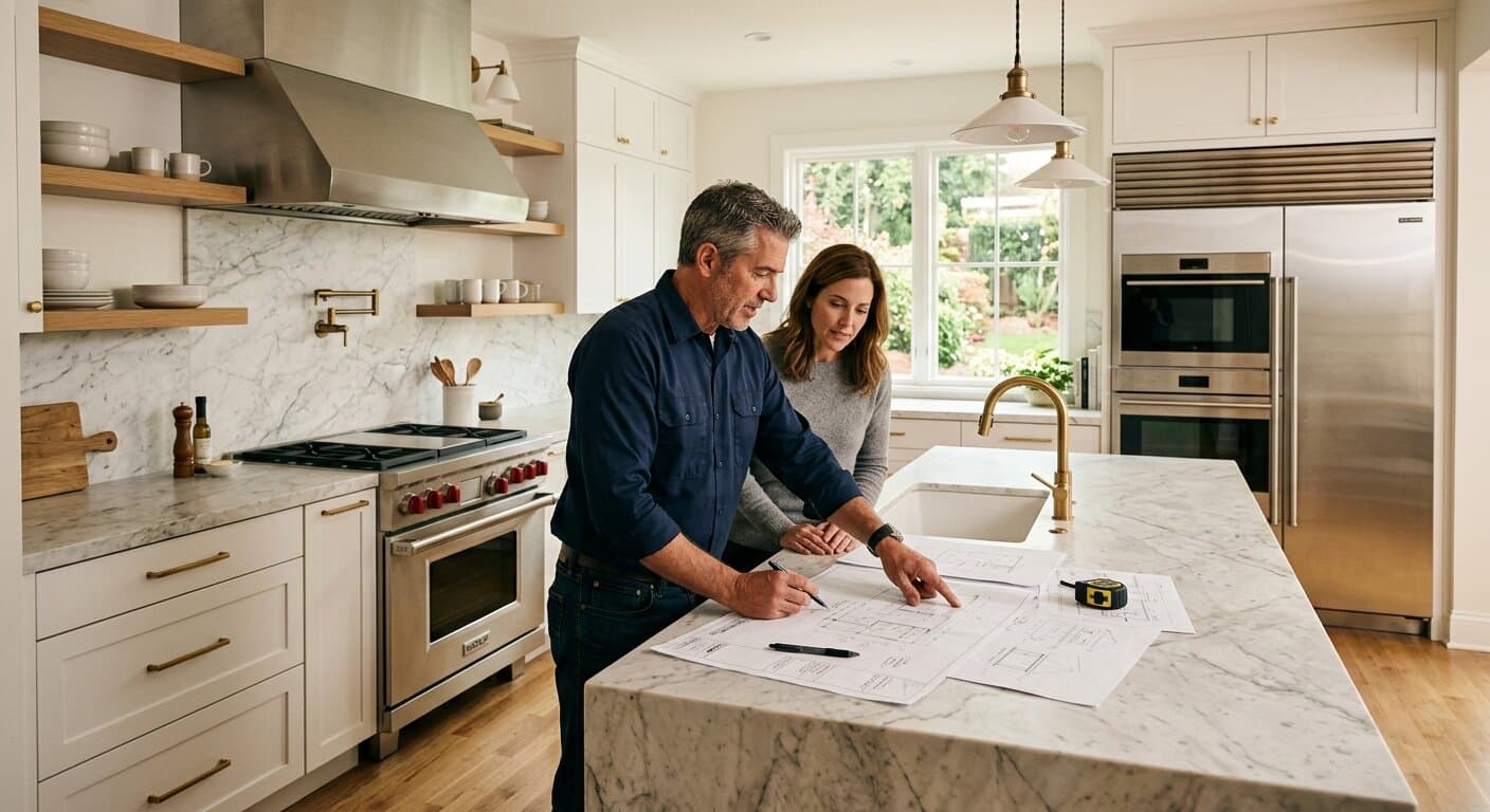 Kitchen remodeling contractor reviewing design plans in a beautifully renovated modern kitchen with marble countertops and custom white cabinets