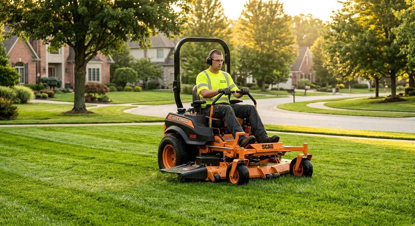 Lawn care technician on a commercial mower working on a well-manicured residential lawn in a suburban neighborhood