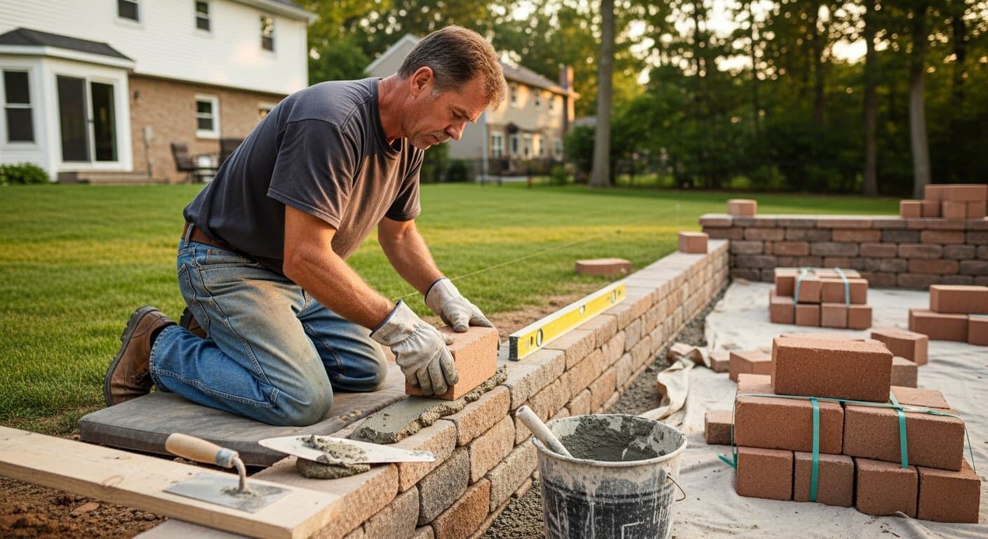 Masonry contractor laying brick on a residential retaining wall in a suburban backyard