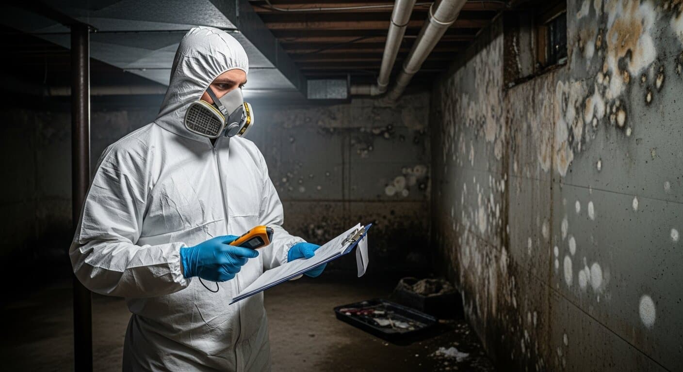 Mold remediation contractor in protective gear reviewing marketing strategy on tablet at job site