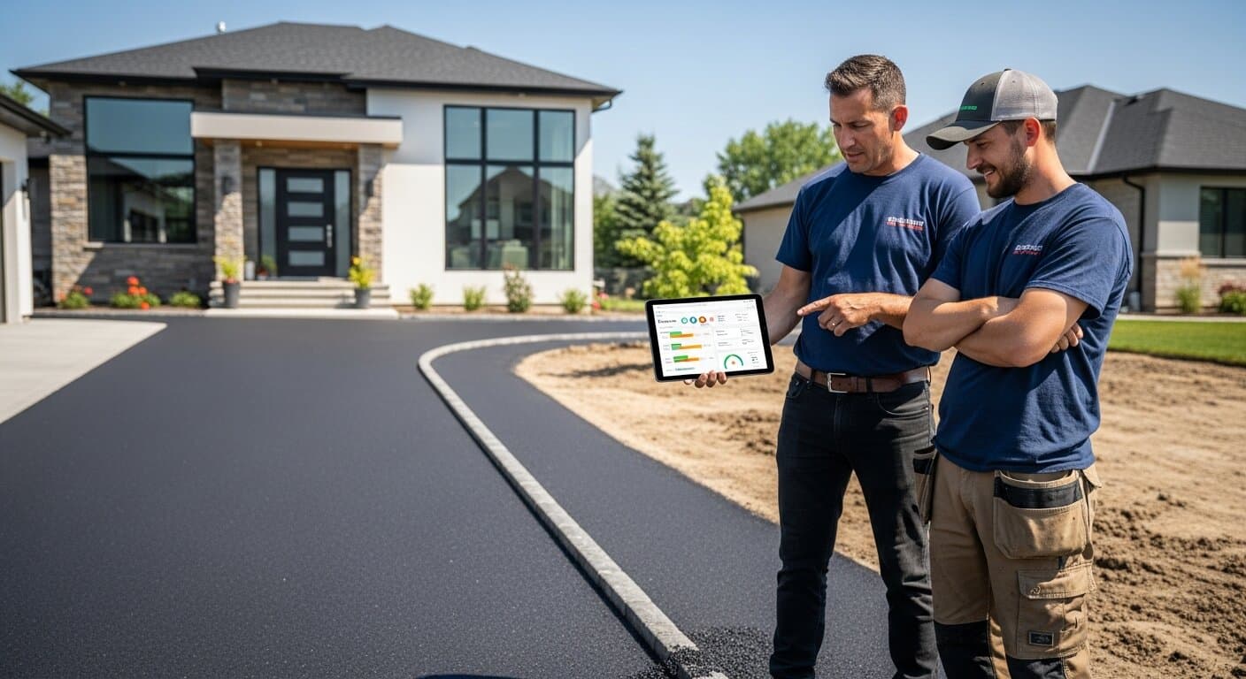 Paving contractor reviewing a freshly completed asphalt driveway project with a crew member, tablet in hand showing marketing analytics