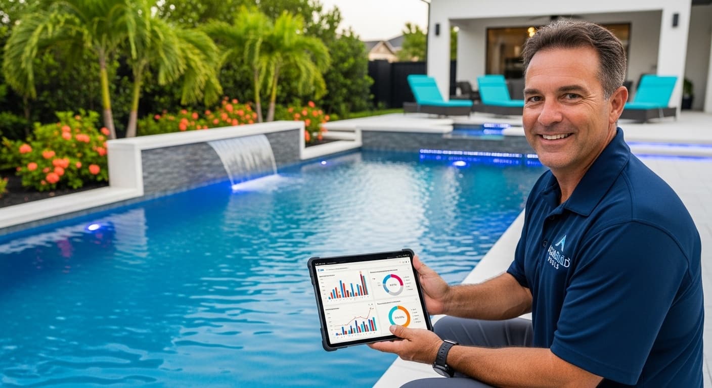 Pool contractor reviewing marketing analytics on a tablet beside a newly completed backyard swimming pool with blue water