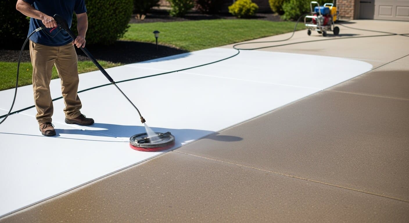 Professional pressure washing contractor cleaning a residential driveway with industrial equipment, dramatic transformation visible on concrete surface