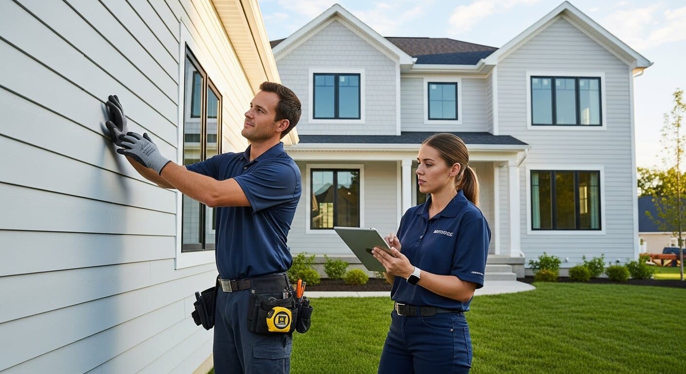 Siding contractor inspecting a fiber cement siding installation on a two-story home with a team member reviewing project details on a tablet