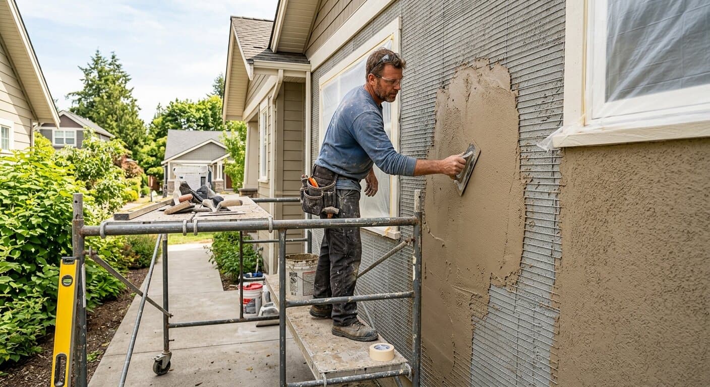 Stucco contractor applying smooth finish to a home exterior wall with a professional trowel