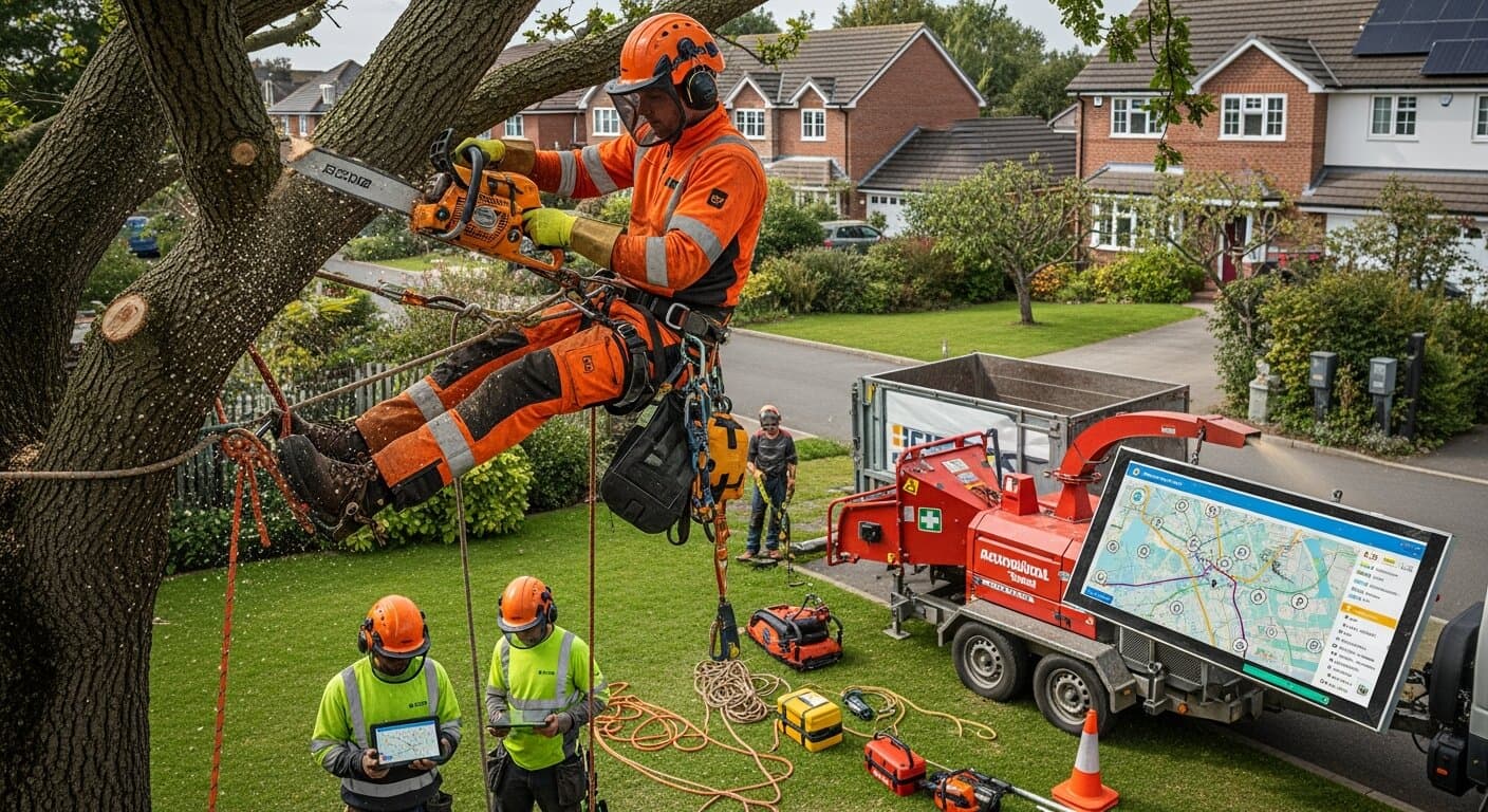 Arborist in safety gear trimming a large tree while a crew member below reviews job leads on a tablet