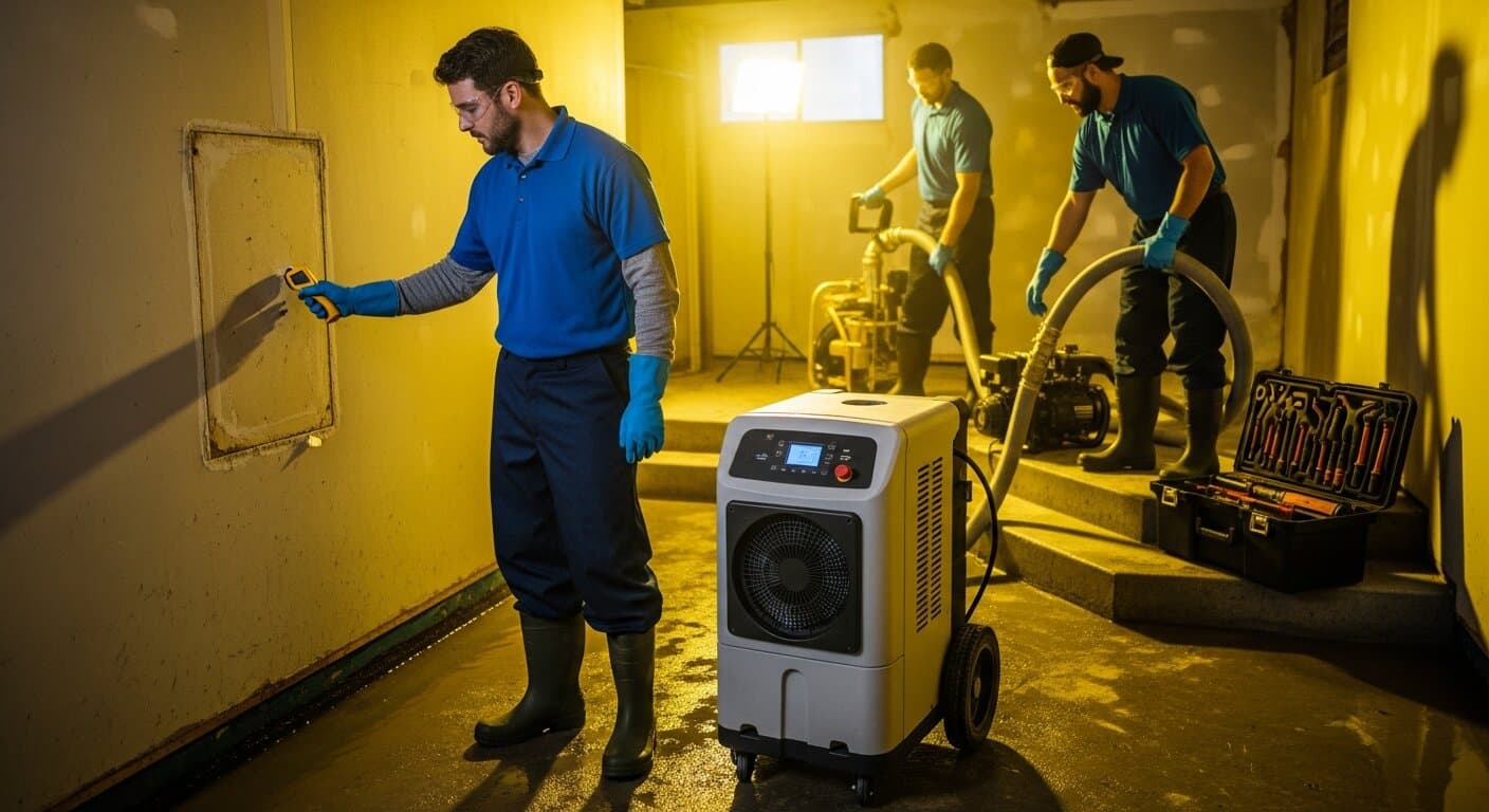 Water damage restoration crew using industrial dehumidifiers and moisture meters in a flooded basement