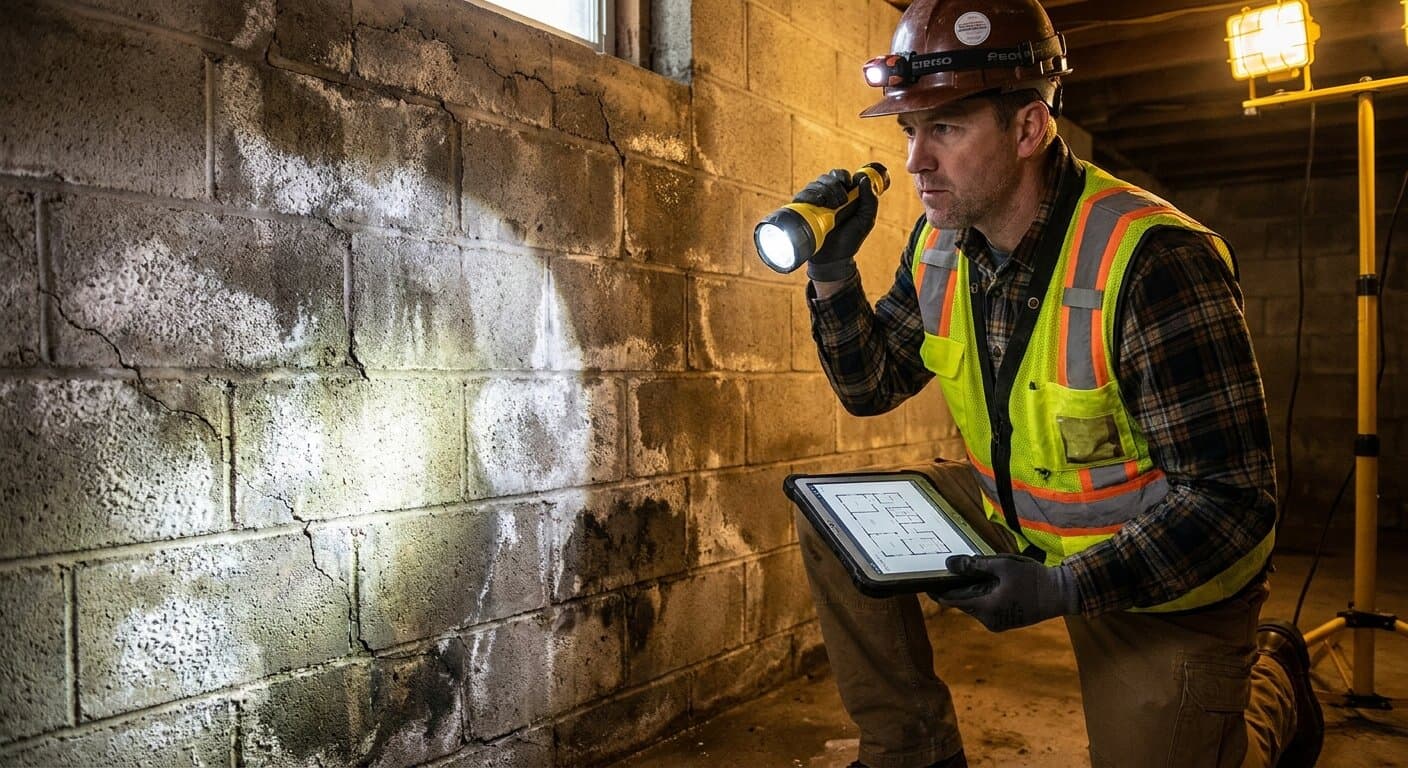 Waterproofing contractor inspecting a wet basement foundation wall with a flashlight, reviewing job scope on a tablet