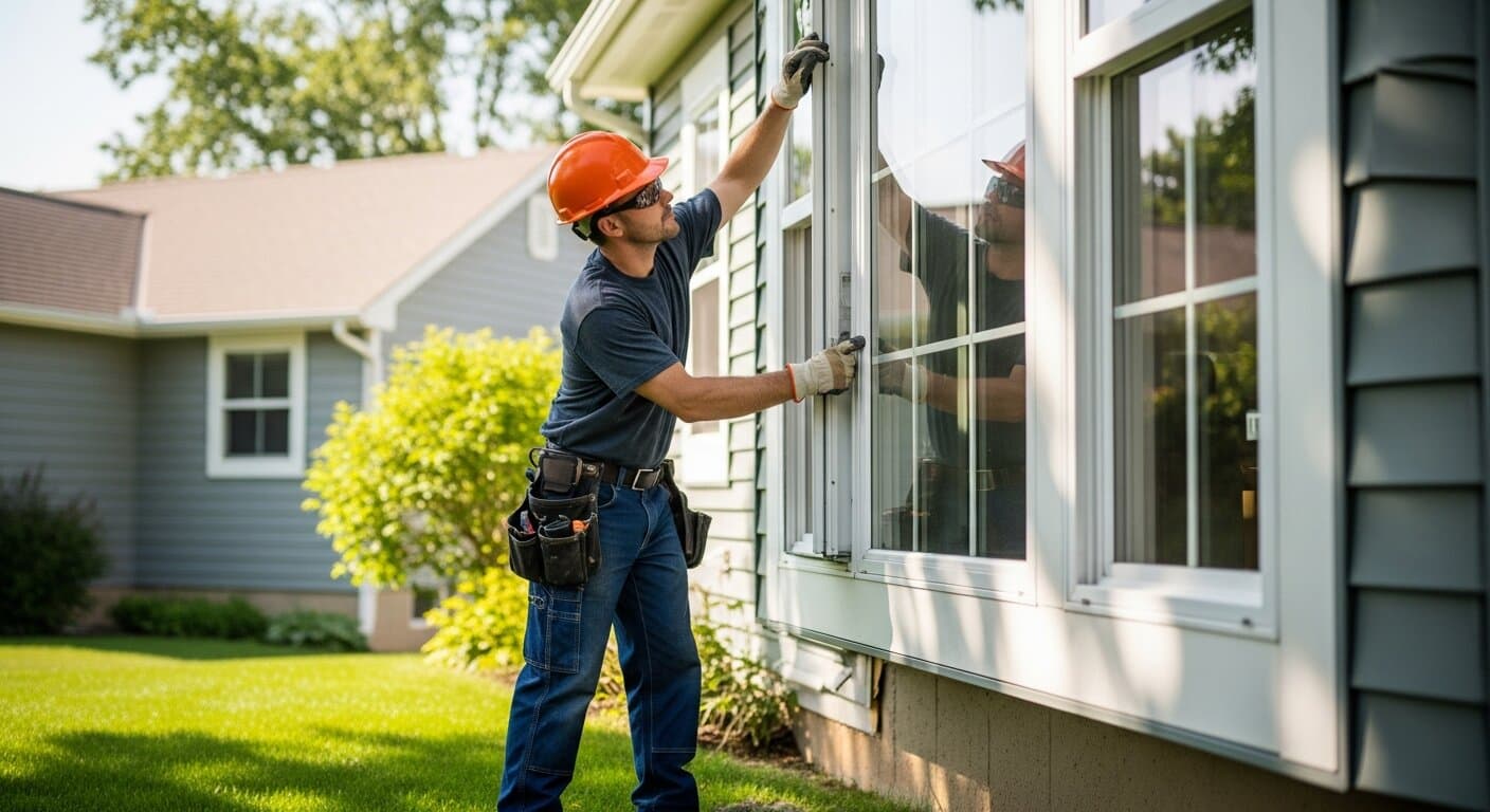 Window contractor installing energy-efficient windows on a suburban home exterior on a bright summer day