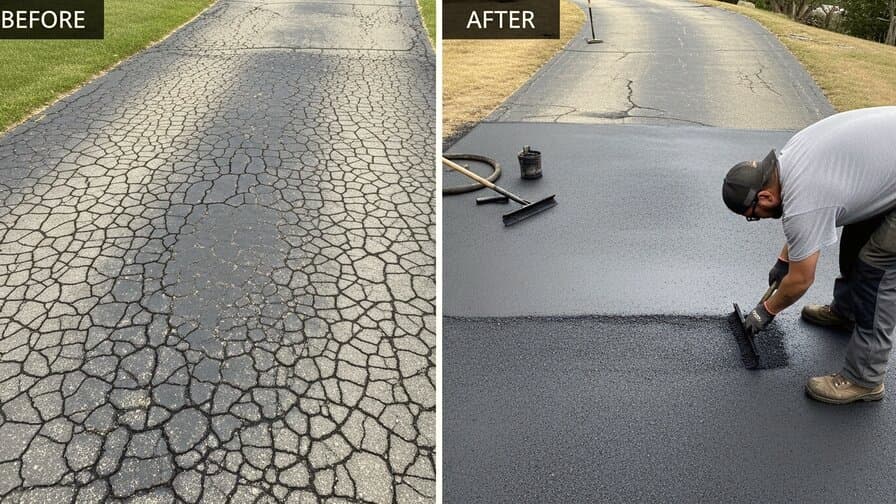 Charlotte North Carolina Mecklenburg County asphalt contractor applying hot-mix asphalt edge reform material to crumbled driveway perimeter in Ballantyne residential driveway showing contractor tamping fresh asphalt edge repair section over red clay soil expansion-contraction edge crumbling failure pattern restoring the defined driveway edge profile without full driveway replacement Charlotte Piedmont warm morning photography