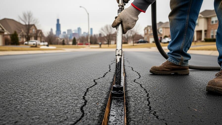 Chicago Illinois Cook County asphalt driveway longitudinal crack sealing contractor applying hot rubberized crack filler into routed longitudinal crack channel on residential asphalt driveway in Naperville Illinois showing contractor with crack filler applicator wand sealing freeze-thaw widened longitudinal crack network with Chicago Illinois skyline background and Cook County suburban residential neighborhood
